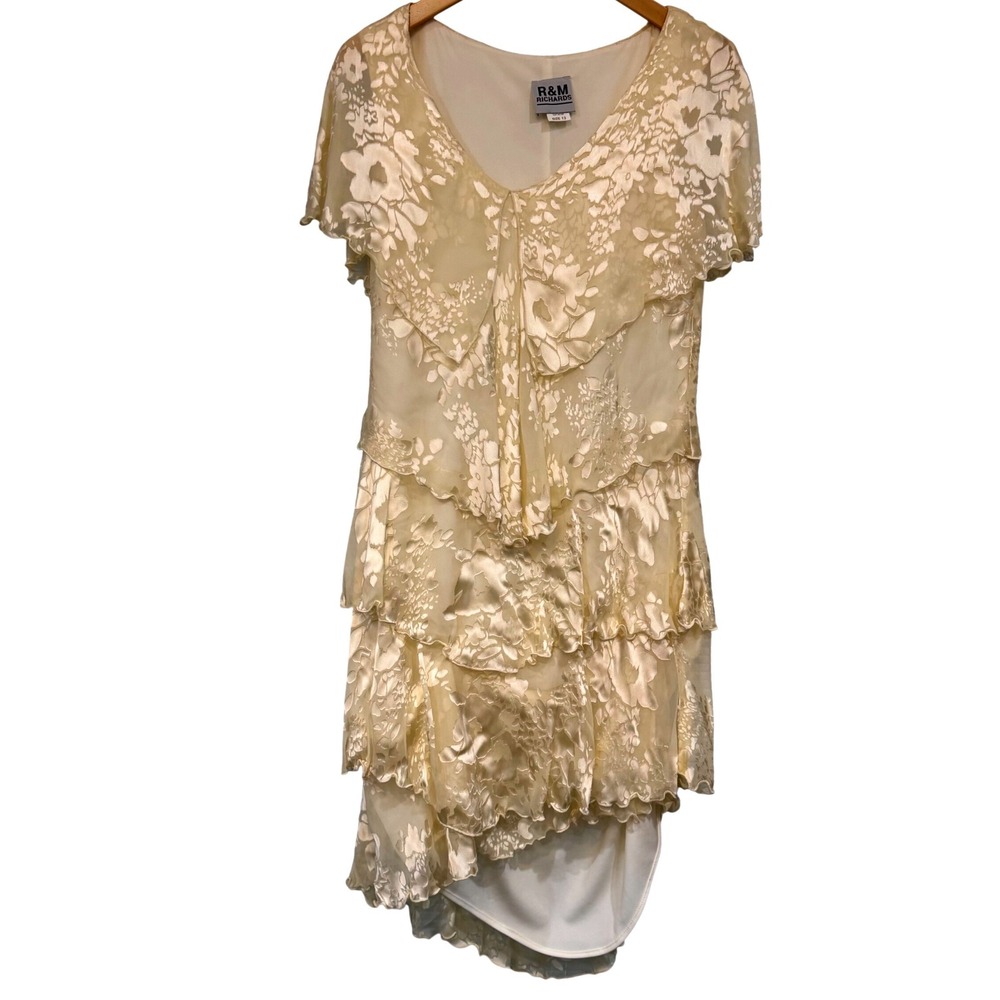 R&M Richards Silk Burnout Floral Tiered Ruffle Dress Cream Champagne Sz 12 1609